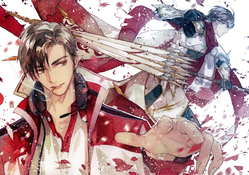 2boys armor black_hair brown_eyes brown_hair cigarette dual_persona falling_petals gauntlets gloves headphones headphones_around_neck highres holding holding_umbrella holding_weapon jacket looking_to_the_side male_focus mouth_hold multicolored_jacket multiple_boys official_alternate_costume painting_(medium) pauldrons petals quan_zhi_gao_shou red_jacket red_petals red_scarf scarf shirt short_hair shoulder_armor simple_background smoke smoking tai3_3 traditional_media umbrella upper_body watercolor_(medium) weapon white_background white_shirt ye_xiu ye_xiu_(lord_grim)