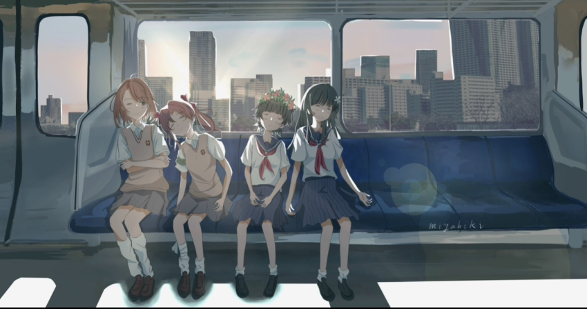 4girls black_hair black_shoes blue_sailor_collar blue_skirt bow brown_eyes brown_hair brown_shoes brown_sweater_vest building city collared_shirt commentary flower flower_wreath grey_skirt hair_bow hair_flower hair_ornament head_wreath judgement_armband_(toaru) leaning_on_person loafers long_hair loose_socks medium_hair miniskirt misaka_mikoto multiple_girls muzf8324 neckerchief pleated_skirt red_bow red_neckerchief sailor_collar sakugawa_school_uniform saten_ruiko school_emblem school_uniform serafuku shirai_kuroko shirt shoes short_hair short_sleeves skirt sleeping socks summer_uniform sunset sweater_vest toaru_kagaku_no_railgun toaru_majutsu_no_index tokiwadai_school_uniform train_interior twintails uiharu_kazari v-neck white_shirt white_socks