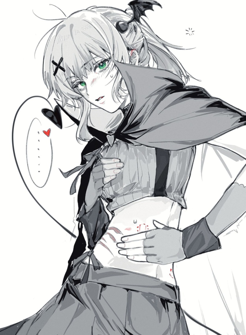 ... 1girl bite_mark bite_mark_on_back blush cape chiyoda_momo crop_top demon_girl demon_tail demon_wings ear_blush elbow_gloves fingerless_gloves fingernails gloves green_eyes greyscale hair_ornament hand_on_own_chest hand_on_own_hip heart highres implied_yuri looking_at_viewer looking_back machikado_mazoku medium_hair midriff monochrome mystical_high_collar neck_ribbon out_of_frame parted_lips pleated_skirt ponytail ribbon scratches sidelocks simple_background siy_(shengxiu760722) skirt solo spoken_ellipsis spoken_heart spot_color squeans sweatdrop tail turning_head twisted_torso twitching white_background wing_hair_ornament wings wrist_cuffs x_hair_ornament yoshida_yuuko_(machikado_mazoku)