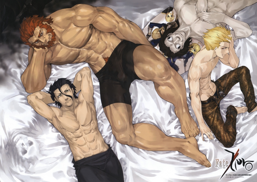 4boys 6+boys abs ahoge armor artoria_pendragon_(fate) assassin_(fate/zero) barefoot beard bed_sheet berserker_(fate/zero) black_hair blonde_hair boxers diarmuid_ua_duibhne_(fate) diarmuid_ua_duibhne_(lancer)_(fate) facial_hair fate/zero fate_(series) gilgamesh_(fate) gilles_de_rais_(caster)_(fate) gilles_de_rais_(fate) highres iskandar_(fate) logo male_focus male_underwear manly mask multiple_boys muscular official_art pillow red_hair saber_(fate) shinjirou skull_mask smoke snakeskin snakeskin_print topless_male under_covers underwear