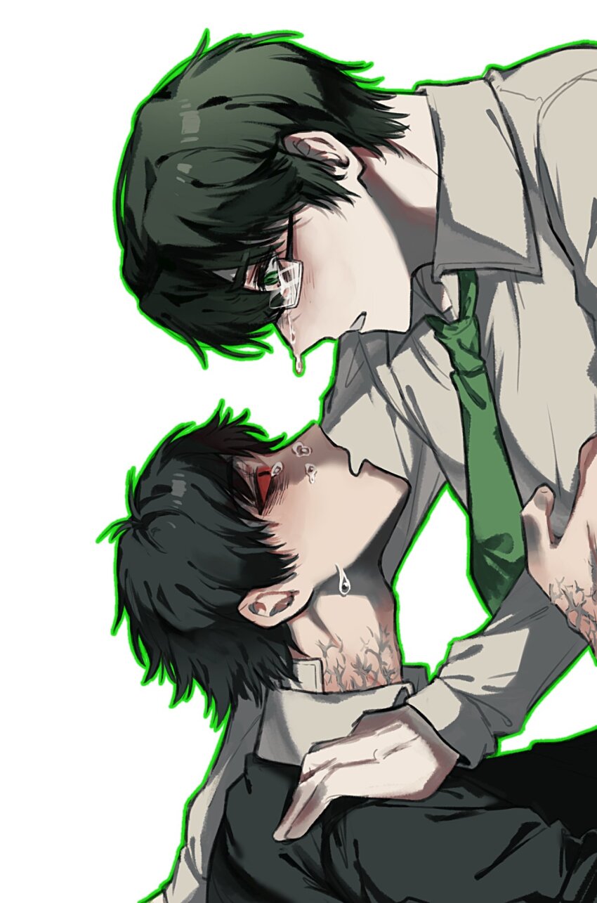 2boys black_vest bloodshot_eyes collared_shirt colored_veins crying crying_with_eyes_open dongrang_(project_moon) glasses green_hair green_necktie green_outline hand_on_another&#039;s_shoulder highres limbus_company male_focus multiple_boys necktie outline project_moon red_hong00 samjo_(project_moon) shirt short_hair tears upper_body vest white_shirt worried yaoi