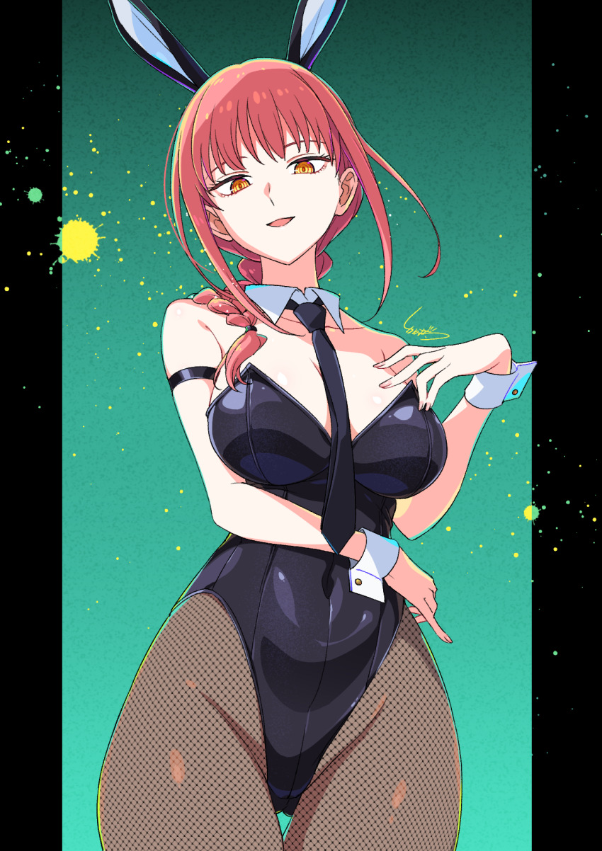 1girl animal_ears arm_strap black_leotard black_necktie braid breasts chainsaw_man commentary_request detached_collar fishnet_pantyhose fishnets highleg highleg_leotard highres kamuraaa_615 large_breasts leotard long_hair looking_at_viewer makima_(chainsaw_man) necktie open_mouth pantyhose playboy_bunny rabbit_ears red_hair ringed_eyes sidelocks single_braid solo strapless strapless_leotard wrist_cuffs yellow_eyes