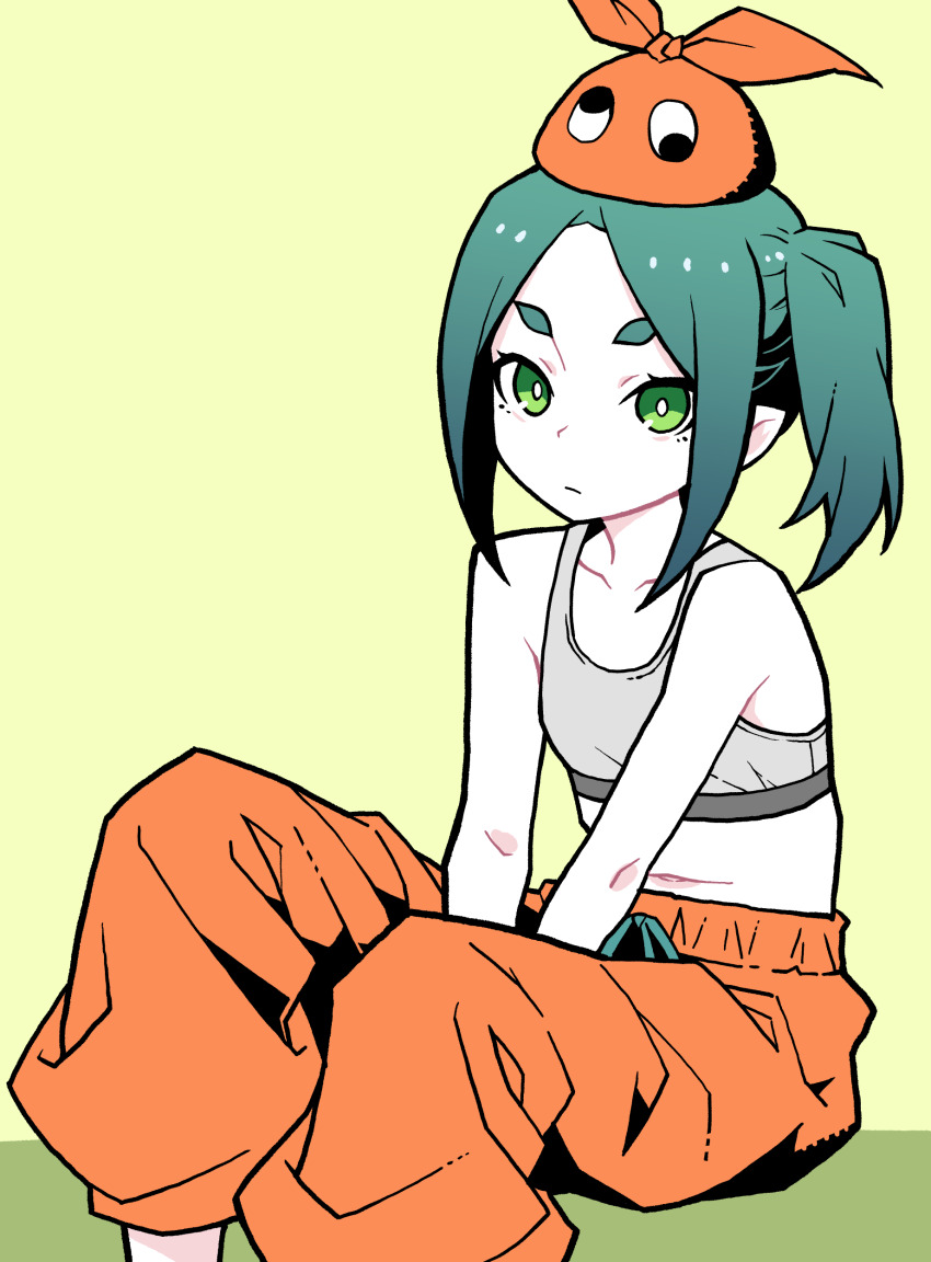 1girl absurdres akableak aqua_hair bare_shoulders between_legs breasts closed_mouth collarbone drawstring expressionless eyelashes from_side googly_eyes gradient_hair green_background green_eyes grey_sports_bra hand_between_legs hat highres hikimayu knees_up looking_at_viewer looking_to_the_side midriff monogatari_(series) multicolored_hair navel no_shirt ononoki_yotsugi orange_hat orange_pants pale_skin pants parted_bangs short_eyebrows sidelocks sitting small_breasts solo sports_bra sweatpants thick_eyebrows twintails v_arms