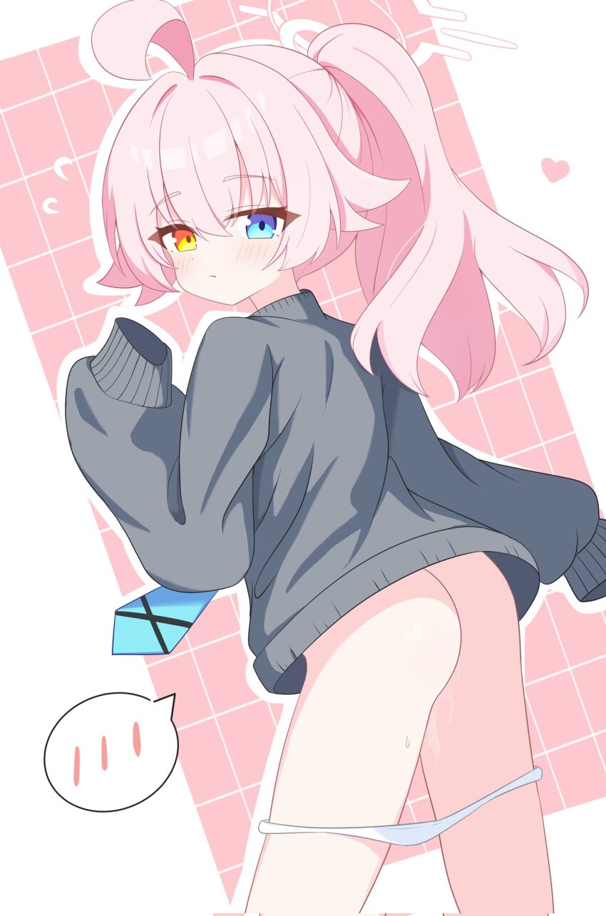 1girl ahoge ass blue_archive blush bottomless closed_mouth corrupted_twitter_file flying_sweatdrops grey_sweater halo heart heterochromia highres hoshino_(blue_archive) loli long_sleeves necktie panties panty_pull pink_background pink_hair ponytail simple_background sleeves_past_fingers sleeves_past_wrists solo speech_bubble spoken_blush sweater ttriwk underwear white_background white_panties