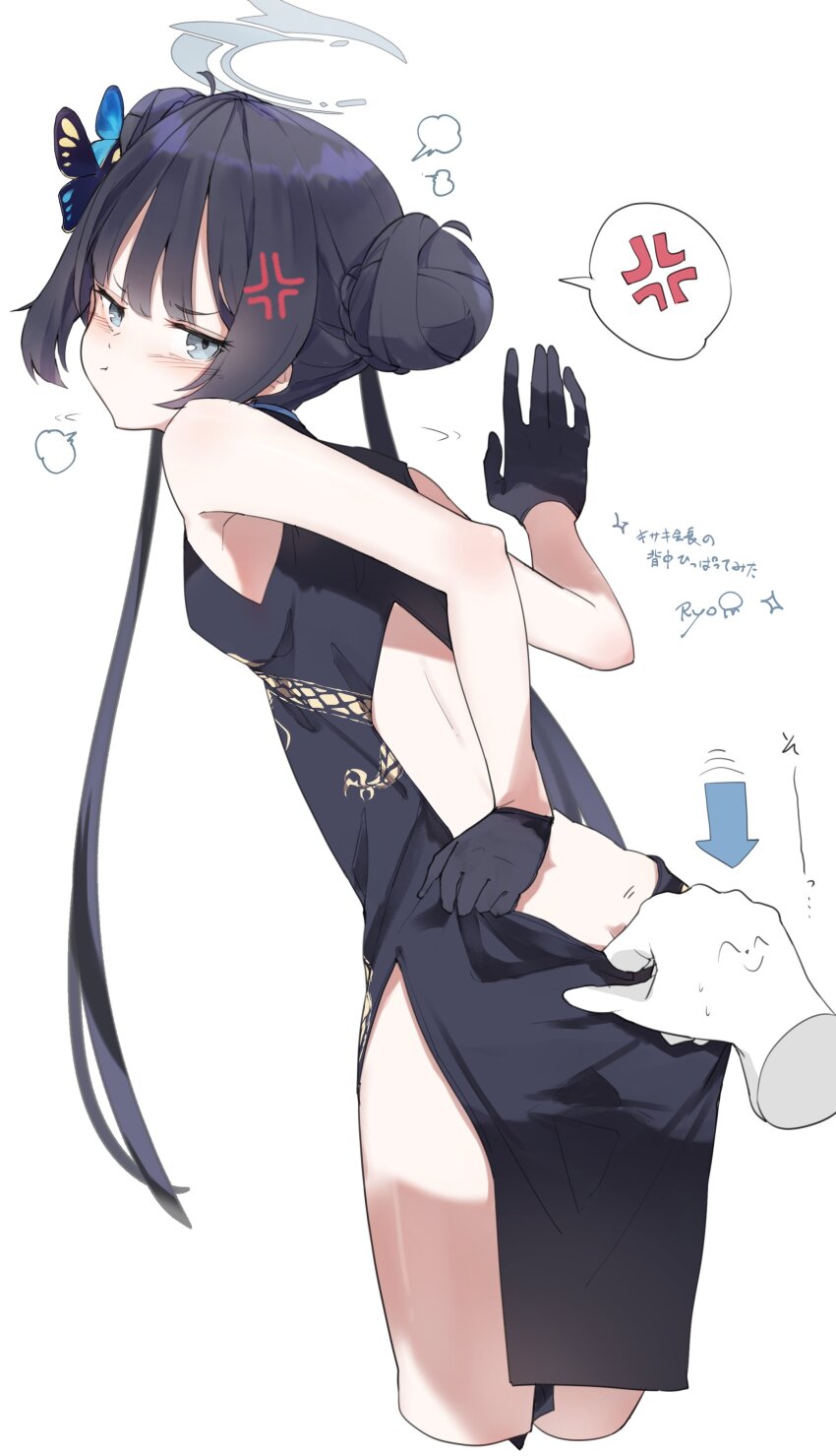 1girl :t absurdres anger_vein angry doodle_sensei_(blue_archive) back_cutout black_dress black_gloves blue_archive blush breasts butterfly_hair_ornament clothes_pull clothing_cutout commentary_request disembodied_hand double_bun dragon_print dress dress_pull from_behind gloves grey_eyes hair_bun hair_ornament highres kisaki_(blue_archive) long_hair narrowed_eyes pelvic_curtain pout ryo_(ryo_skrdi) sensei_(blue_archive) sexual_harassment simple_background sleeveless sleeveless_dress small_breasts solo_focus spoken_anger_vein translation_request twintails very_long_hair white_background