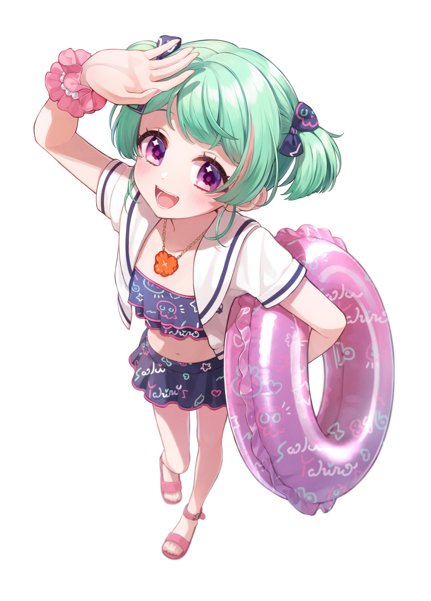 1girl :d absurdres bikini bikini_skirt blush carrying carrying_under_arm commentary_request foreshortening frilled_bikini frills from_above full_body green_hair hand_up highres holding holding_swim_ring indie_virtual_youtuber innertube looking_at_viewer open_mouth pink_innertube pink_sandals pinkusan purple_eyes saeki_yahiro sandals shading_eyes shirt short_hair short_twintails smile solo_focus star_(symbol) star_in_eye swim_ring swimsuit symbol_in_eye twintails virtual_youtuber white_shirt wrist_cuffs