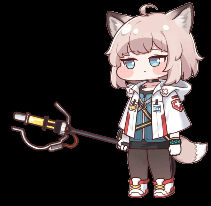 1girl animal_ears animated animated_gif arknights black_choker black_pantyhose black_skirt blue_eyes blue_vest chibi choker closed_mouth diyap_(style) fox_ears fox_girl fox_tail full_body gloves highres holding holding_staff hood hood_down hooded_jacket infection_monitor_(arknights) jacket kimin3424 material_growth medium_hair miniskirt oripathy_lesion_(arknights) pantyhose pink_hair shoes simple_background skirt solo staff sussurro_(arknights) tail transparent_background variant_set vest white_gloves white_jacket white_shoes