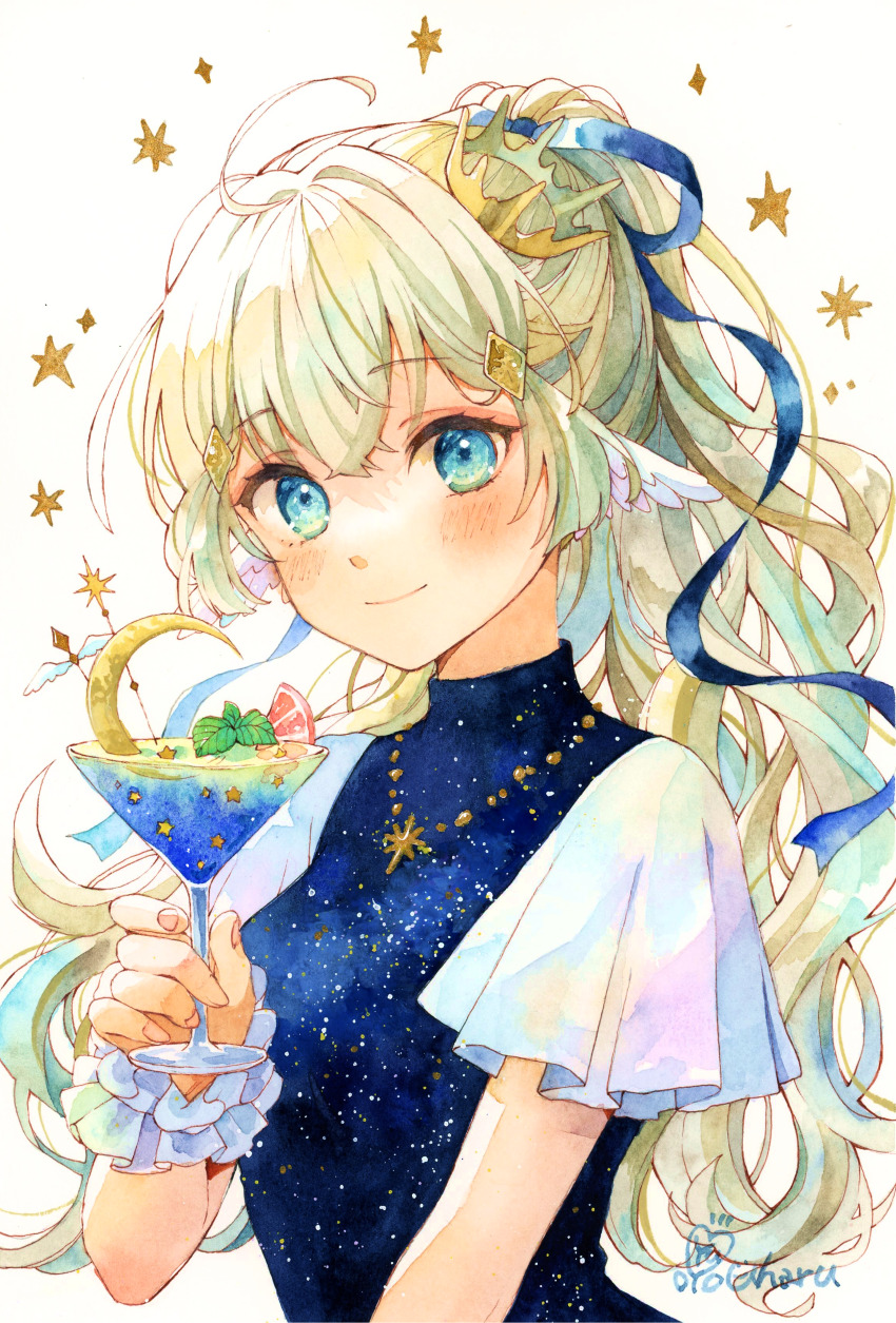 1girl absurdres ahoge artist_name blonde_hair blue_eyes blue_ribbon blush breasts character_request closed_mouth crossed_bangs crown cup drinking_glass ear_wings frills fruit_request hair_ornament hair_ribbon highres holding holding_cup jewelry long_hair looking_at_viewer medium_breasts mini_crown necklace original painting_(medium) ponytail ribbon solo star_(symbol) starry_sky_print traditional_media upper_body watercolor_(medium) wavy_hair white_background wine_glass yuyuharu_1027