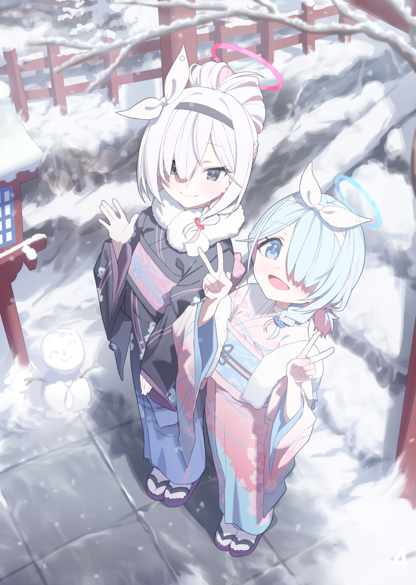 2girls absurdres applepie_(12711019) arona_(blue_archive) black_hairband black_kimono blue_archive blue_hair blue_halo bow_hairband character_snowman colored_inner_hair commentary_request doodle_sensei_(blue_archive) double_v floral_print floral_print_kimono full_body fur_scarf hairband halo hand_up highres japanese_clothes kimono long_sleeves multicolored_hair multiple_girls obi outdoors pink_hair pink_kimono plana_(blue_archive) print_kimono red_halo sandals sash sensei_(blue_archive) short_hair snow snowman socks v white_hair white_hairband white_socks wide_sleeves winter