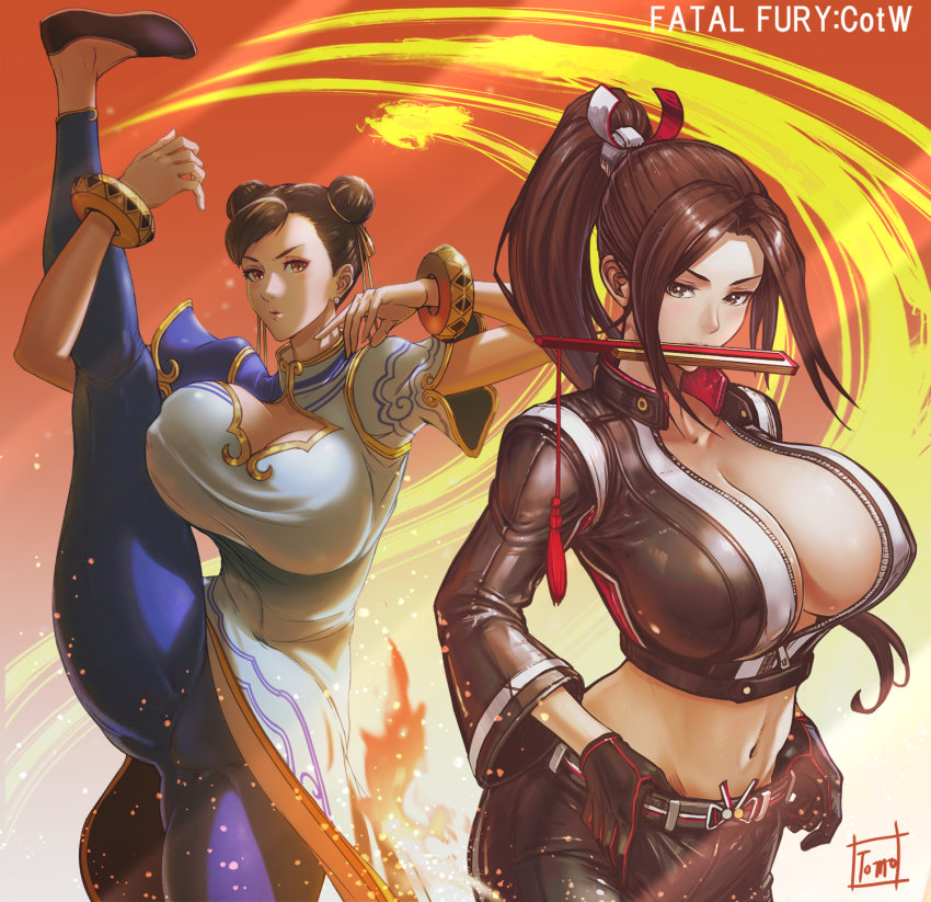 2girls bad_tag black_gloves black_jacket black_jumpsuit black_pants bracelet breast_zipper breasts brown_eyes brown_hair capcom chinese_clothes chun-li cleavage coat crop_top cropped_jacket crossover double_bun fatal_fury fatal_fury:_city_of_the_wolves female_focus fighting_stance folded_fan folding_fan gloves hair_bun half-closed_eyes hand_fan high_ponytail highres holding holding_fan jacket jewelry jumpsuit large_breasts leather leather_pants long_hair looking_at_viewer midriff multiple_girls navel no_bra official_alternate_costume pants pantyhose pelvic_curtain ponytail print_jacket seductive_gaze shiranui_mai short_hair simple_background snk spandex street_fighter street_fighter_6 thick_thighs thighs tomo_eokaiteru toned