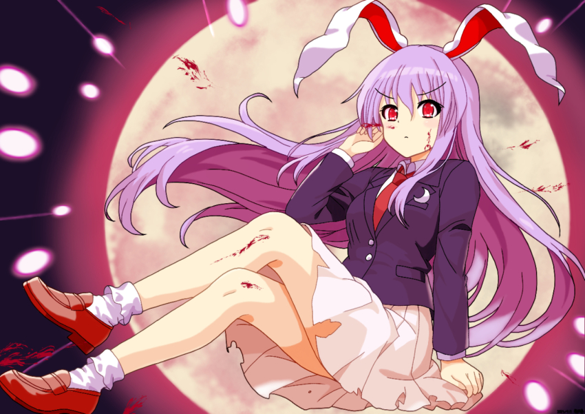 1girl animal_ears blood blood_on_face breasts collared_shirt commentary_request crescent crescent_pin danmaku full_moon loafers long_hair long_sleeves looking_at_viewer mist9801km moon necktie pleated_skirt purple_hair rabbit_ears rabbit_girl red_eyes red_necktie red_shoes reisen_udongein_inaba shirt shoes skirt socks solo torn_clothes torn_skirt touhou very_long_hair white_shirt white_skirt white_socks