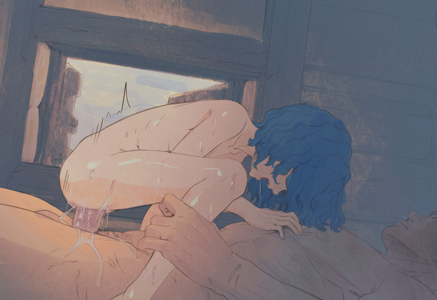 1boy 1girl berserk blue_hair butterchalk drooling erection girl_on_top grabbing_another&#039;s_leg guts_(berserk) highres indoors isma loli open_mouth penis sex sweat sweatdrop testicles twitching