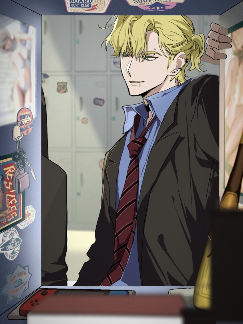 1boy black_jacket blonde_hair blue_eyes blue_shirt blurry blurry_foreground collared_shirt degrees_of_lewdity depth_of_field diagonal-striped_clothes diagonal-striped_necktie earrings eyebrow_piercing highres jacket jewelry looking_to_the_side necktie nintendo_switch open_clothes open_jacket owhe6xinjl66160 piercing red_necktie shirt solo sticker striped_clothes striped_necktie whitney_(degrees_of_lewdity) whitney_(male)_(degrees_of_lewdity)