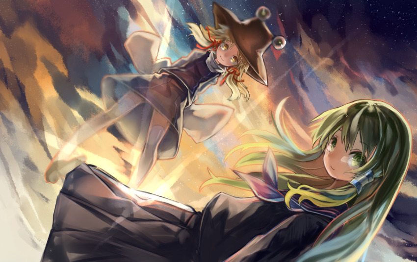 2girls black_sailor_collar black_serafuku black_shoes blonde_hair brown_hat collared_shirt double-parted_bangs green_eyes green_hair hair_ribbon hair_tubes hat kochiya_sanae long_hair long_skirt long_sleeves looking_at_viewer moriya_suwako multiple_girls neckerchief pleated_skirt purple_skirt purple_vest red_neckerchief ribbon sailor_collar school_uniform serafuku shirt shoes single_hair_tube single_sidelock skirt skirt_set sky sleeves_past_fingers sleeves_past_wrists syukou thighhighs touhou vest white_shirt white_thighhighs yellow_eyes zettai_ryouiki