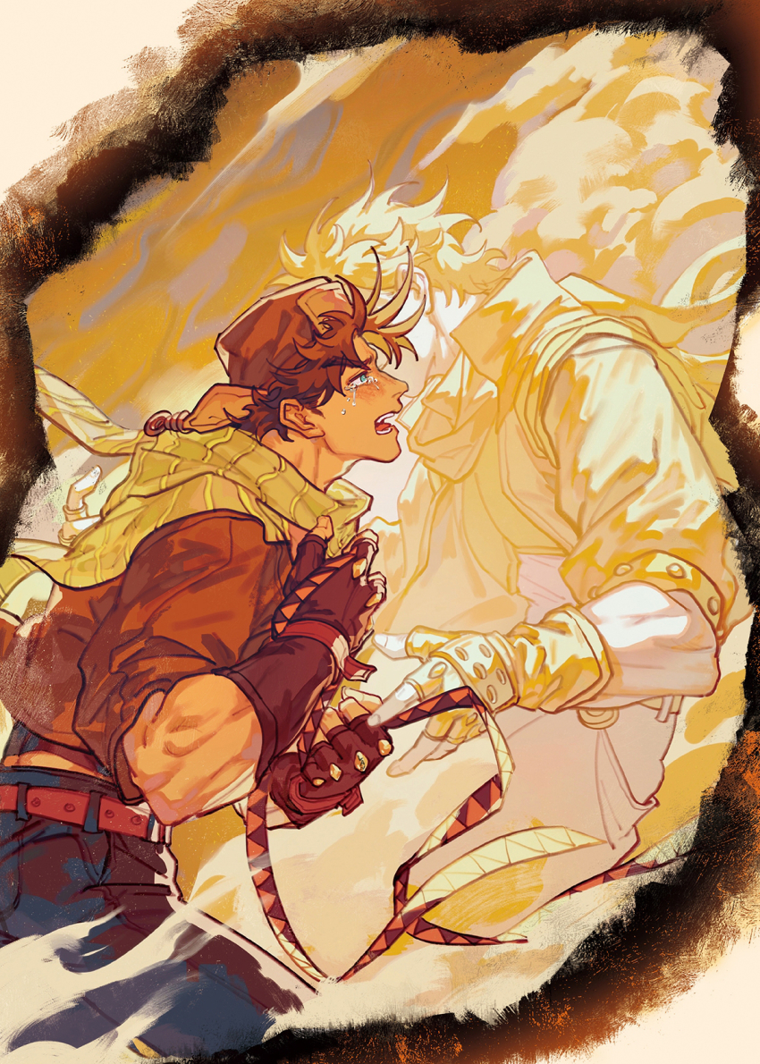 2boys aqua_eyes aviator_cap battle_tendency belt brown_hair caesar_anthonio_zeppeli chinese_commentary clenched_hands cloud clutching_chest commentary_request crying crying_with_eyes_open denim from_side ghost hidden_face highres holding jacket jeans jojo_no_kimyou_na_bouken joseph_joestar joseph_joestar_(young) male_focus multicolored_scarf multiple_boys no_headband open_mouth pants profile sad scarf short_hair short_sleeves sobbing striped_clothes striped_scarf tears triangle_print xianlan