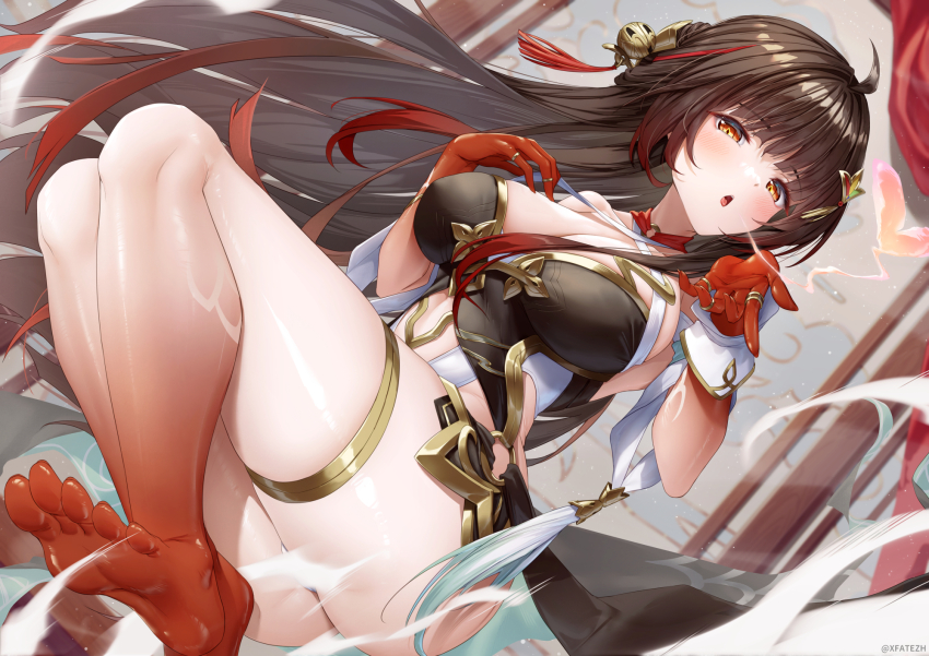 1girl animal armpits bare_legs bare_shoulders barefoot blowing_kiss blush breasts brown_hair cleavage colored_skin commentary_request detached_sleeves dress feet gold_thighlet gold_trim gradient_skin hair_intakes hair_spread_out highres honkai:_star_rail honkai_(series) jewelry knees_up lingsha_(honkai:_star_rail) long_hair looking_at_viewer multiple_rings open_mouth pointy_ears red_eyes red_skin ring soles solo tassel thick_thighs thighs toes xfate