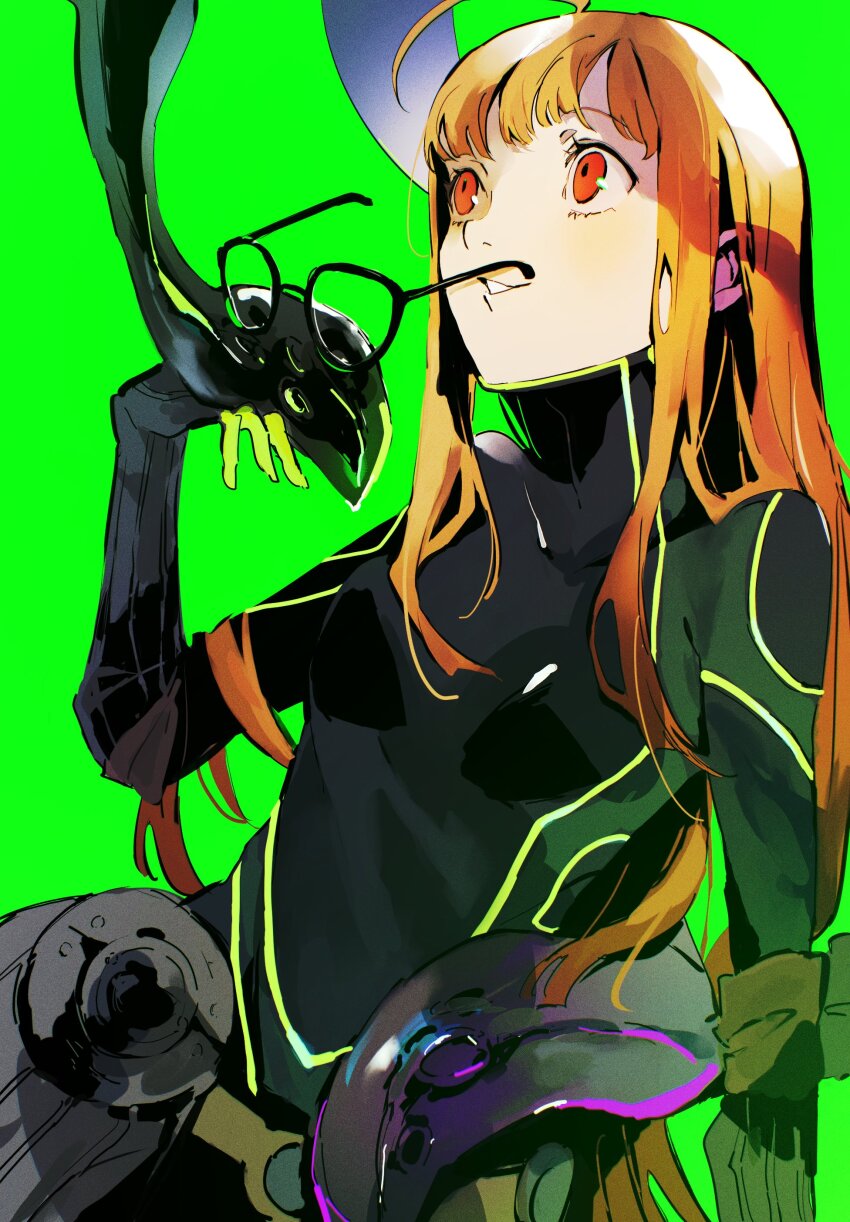 1girl absurdres ahoge arm_at_side black-framed_eyewear black_bodysuit blunt_bangs bodysuit breasts commentary glasses green_background hand_up highres long_hair looking_up mina_(mina_st4r) necronomicon_(persona_5) oracle_(persona_5) orange_eyes orange_hair parted_lips persona persona_(summon) persona_5 sakura_futaba sidelocks simple_background small_breasts smile tentacles unworn_eyewear upper_body