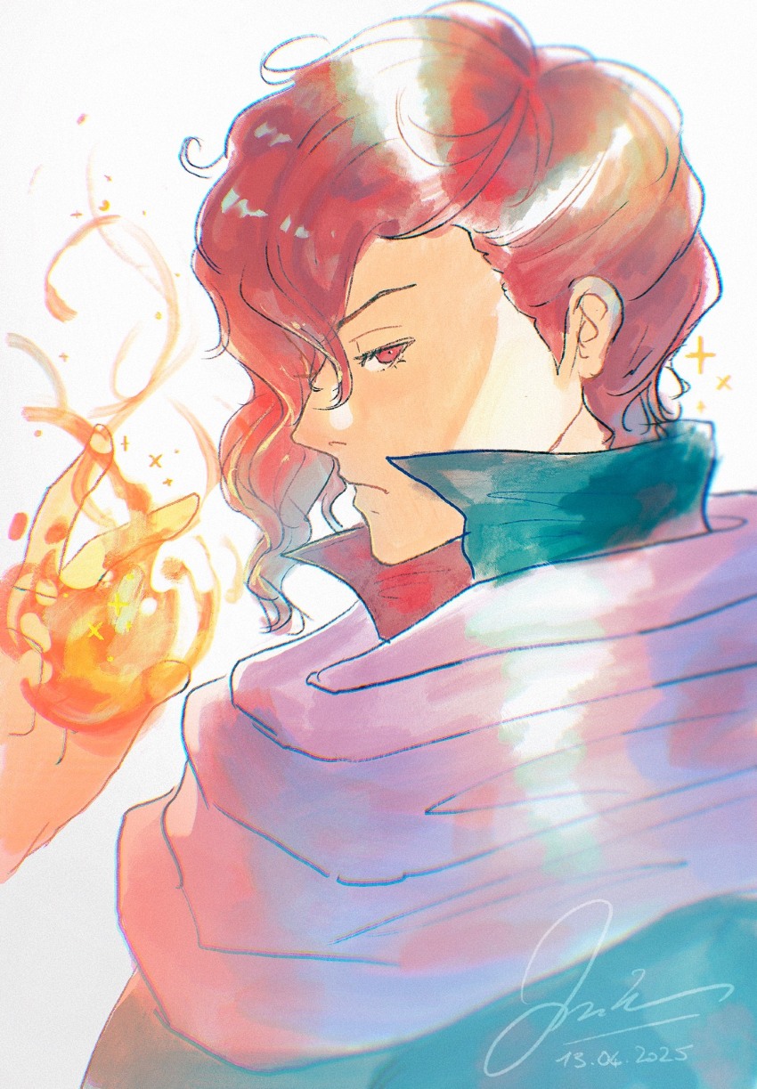 1boy casting_spell closed_mouth commentary dated fire_emblem fire_emblem:_thracia_776 high_collar highres holding_flame male_focus melia_art nintendo red_eyes red_hair salem_(fire_emblem) signature solo sparkle upper_body wavy_hair