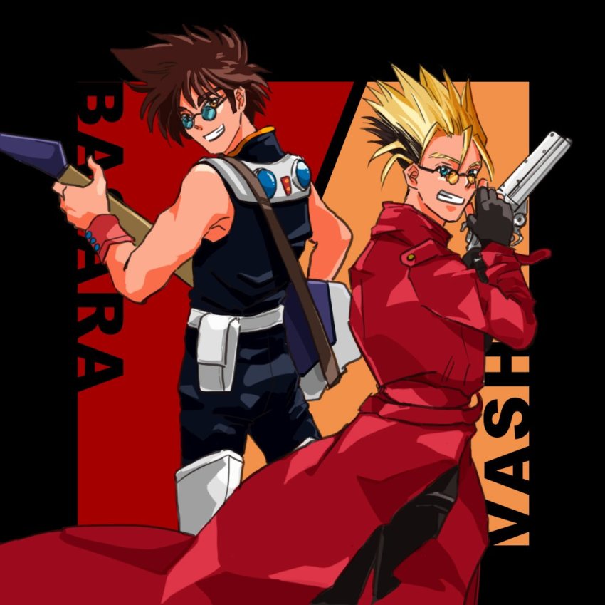 2boys agl_arms_.45_long_colt from_behind belt_pouch blonde_hair blue_eyes break-action_revolver brown_hair coat crossover from_side glasses guitar gun handgun instrument low_bore_axis_revolver macross macross_7 multicolored_hair multiple_boys nekki_basara pouch revolver spiked_hair thighhighs trench_coat trigun two-tone_hair vash_the_stampede weapon yellow_eyes yumekijiiro