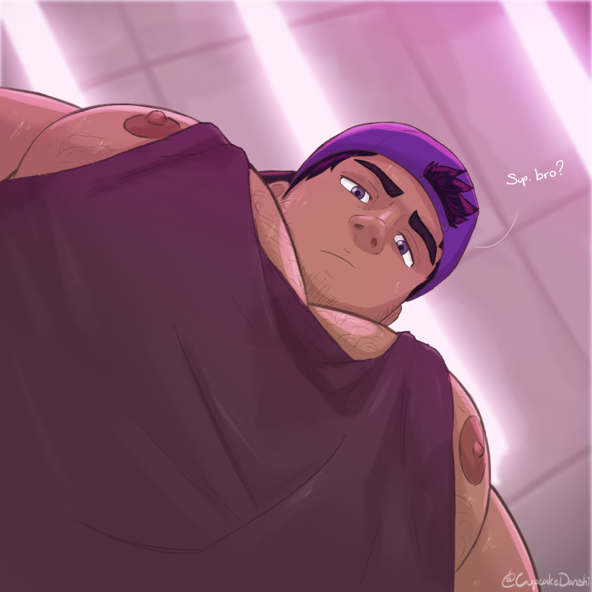 1boy :/ absurdres backwards_hat bara baseball_cap black_hair black_tank_top cupcake_danshi dark-skinned_male dark_skin facial_hair foreshortening from_below goatee_stubble hat highres large_pectorals looking_at_viewer looking_down male_focus meme muscular muscular_male nipple_slip nipples original pectoral_cleavage pectoral_focus pectorals photo-referenced short_hair sidepec solo sparse_chest_hair stubble sweat tank_top thick_eyebrows upper_body pec_pov_(meme)