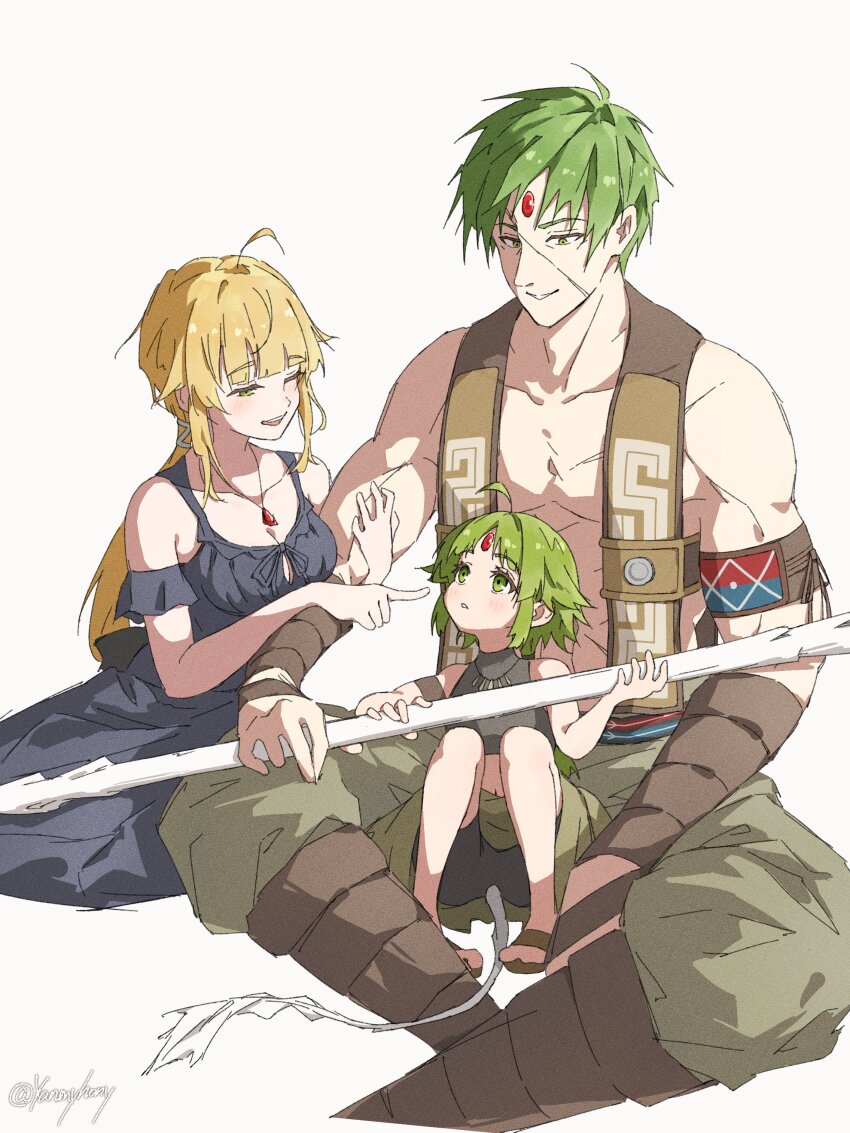 1boy 2girls absurdres ahoge arm_hug armband bare_shoulders black_nightgown blonde_hair blunt_bangs blush bob_cut brown_vest chest_bow child crop_top crossed_legs double_arm_hug family father_and_daughter forehead_jewel gem green_eyes green_hair green_pants highres holding holding_polearm holding_weapon husband_and_wife jewelry knees_up looking_up luicelia_superdia mother_and_daughter multiple_girls muscular muscular_male mushoku_tensei necklace nightgown norn_greyrat one_eye_closed pants parted_bangs parted_lips pointing pointing_at_another polearm ponytail ruijerd_superdia scar scar_on_face sidelocks sitting sitting_between_lap smile tail vest weapon white_background yanmyhony