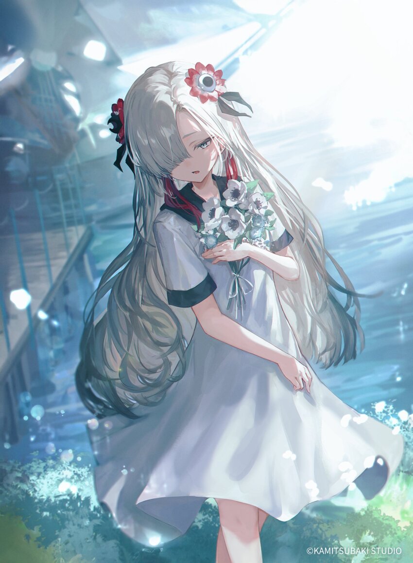 1girl anemone_(flower) aqua_eyes asymmetrical_bangs blunt_ends blurry blurry_background commentary_request company_name copyright_name copyright_notice cowboy_shot dress flower grey_hair hair_flower hair_ornament hair_over_one_eye highres holding holding_flower isekaijoucho kamitsubaki_studio long_hair looking_down makihitsuji medium_dress official_art one_eye_covered open_mouth outdoors red_streaks sailor_collar short_sleeves solo virtual_youtuber white_dress white_flower