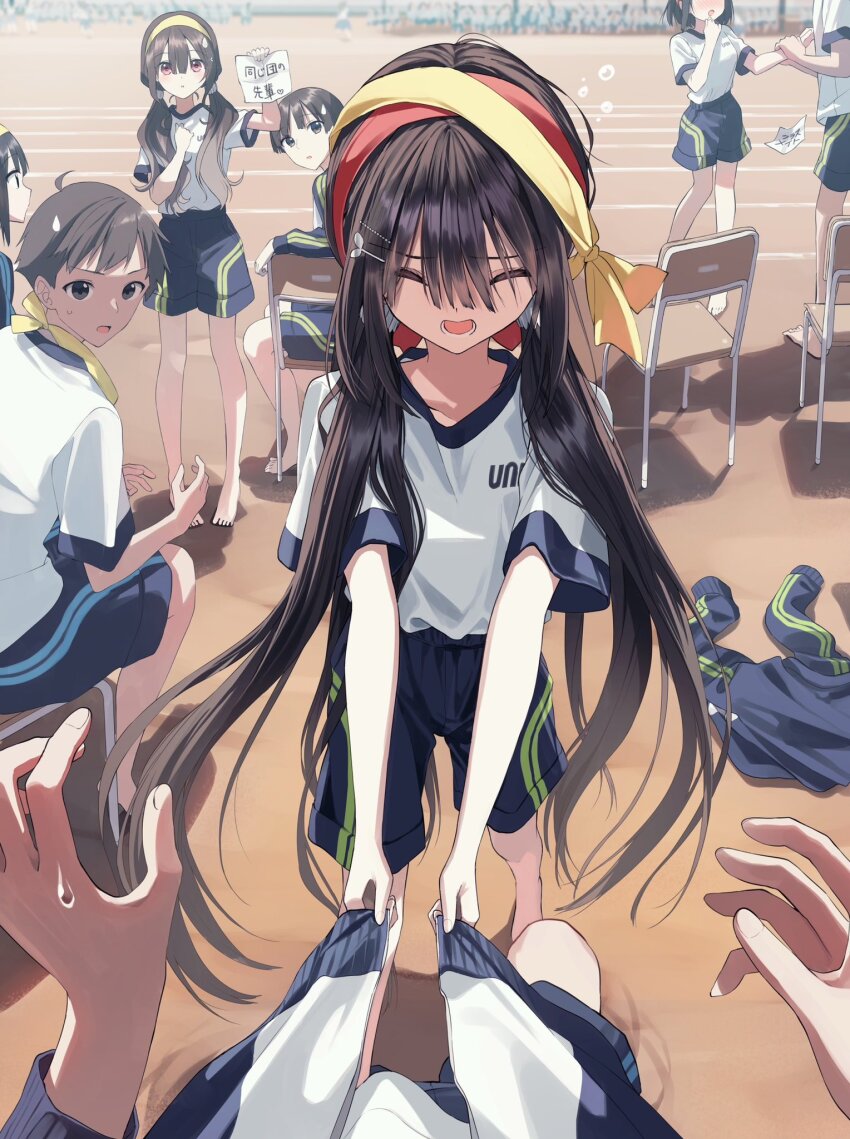 4boys 4girls :o blue_jacket blue_shorts blush closed_eyes comedic_sweatdrop commentary_request day gym_shirt gym_shorts gym_uniform hair_between_eyes hairband highres holding holding_another&#039;s_wrist jacket multiple_boys multiple_girls nose_blush on_chair open_clothes open_jacket open_mouth original outdoors parted_lips pentagon_(railgun_ky1206) people pov red_hairband shirt short_sleeves shorts sitting small_sweatdrop sweat sweatdrop track_jacket translation_request white_shirt wide_sleeves yellow_hairband
