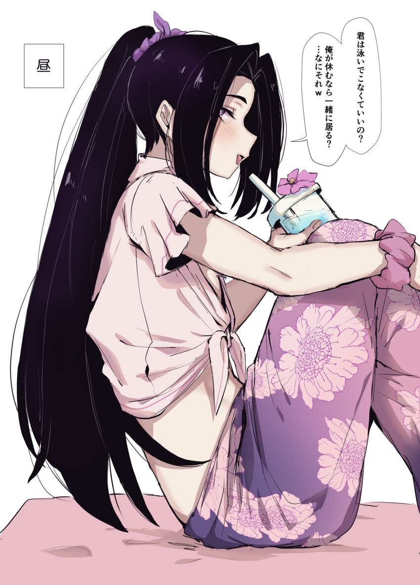 1boy black_hair bow bow-shaped_hair cup flower flowered_pants gradient_pants highres holding holding_cup light_blush long_hair looking_at_viewer male_focus midriff namae_nayami-chu omoi_ryuugi open_mouth original pants pink_pants pink_shirt ponytail purple_bow purple_eyes purple_pants scrunchie shirt simple_background sitting sitting_on_towel smile solo solo_focus speech_bubble straw summer tied_shirt towel translation_request trap white_background wrist_scrunchie