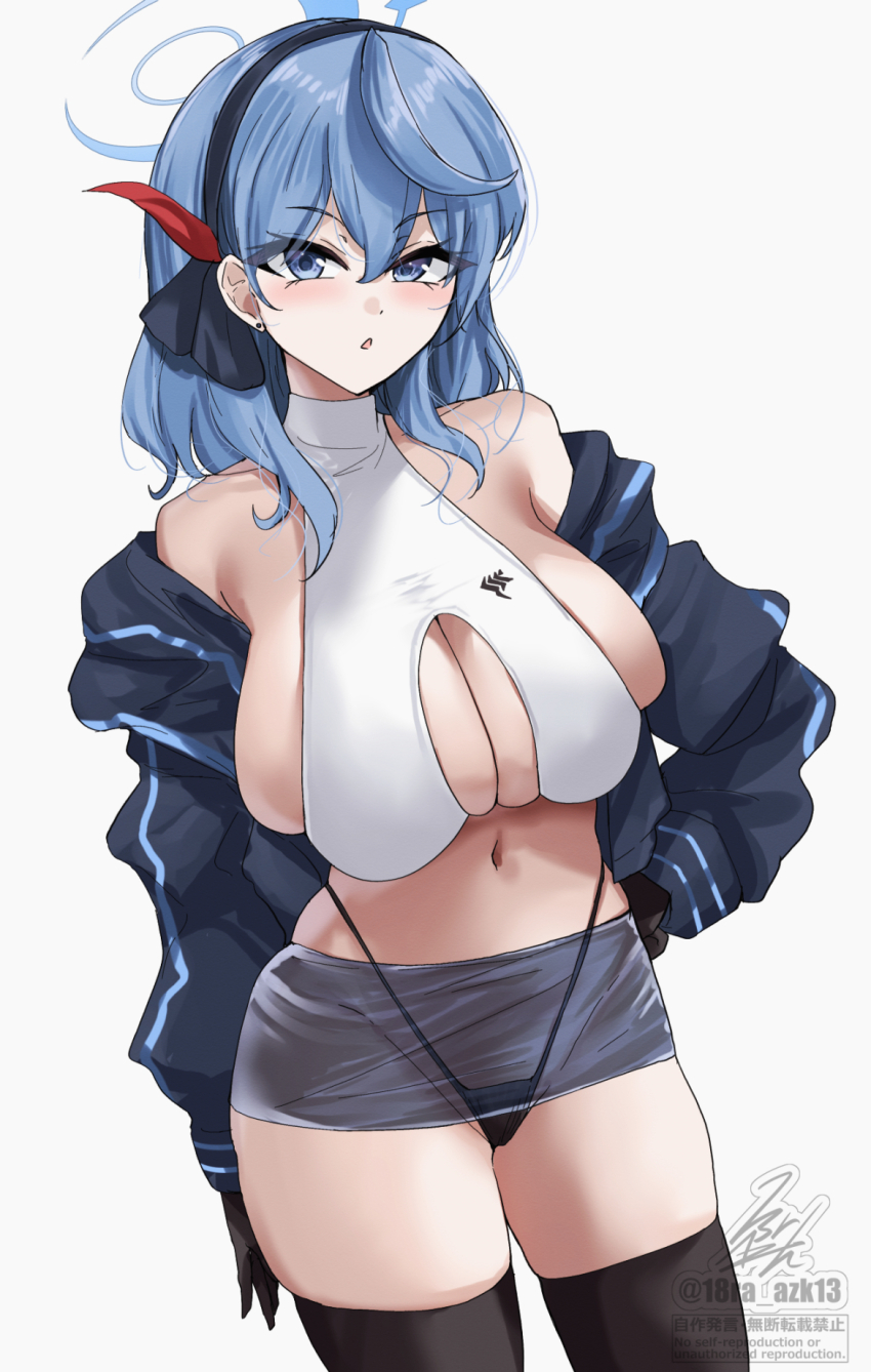 1girl ako_(blue_archive) bare_shoulders black_gloves black_thighhighs blue_archive blue_eyes blue_hair blue_jacket blush breasts cleavage_cutout clothing_cutout gloves grey_skirt hair_between_eyes hair_ribbon hairband halo halterneck highres ibara_azuki jacket large_breasts long_hair long_sleeves looking_at_viewer miniskirt navel pencil_skirt ribbon shirt sideboob skirt sleeveless sleeveless_shirt solo thighhighs thighs white_shirt