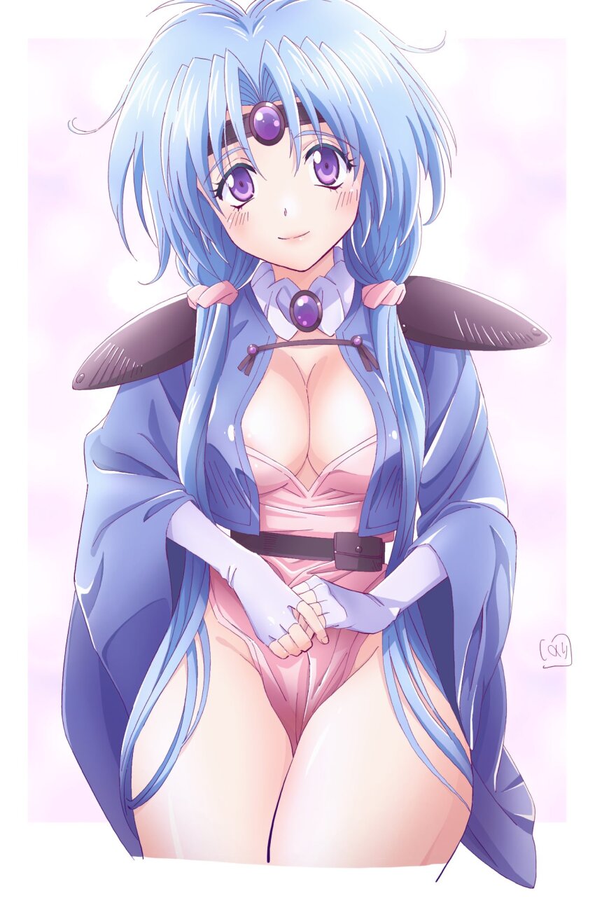 1girl ahoge armor blue_hair blush breasts circlet cleavage closed_mouth fingerless_gloves gloves haou_taikei_ryuu_knight highres large_breasts long_hair looking_at_viewer low_twintails nori_(norimakigumo) paffy_pafuricia purple_eyes shoulder_armor smile solo twintails very_long_hair