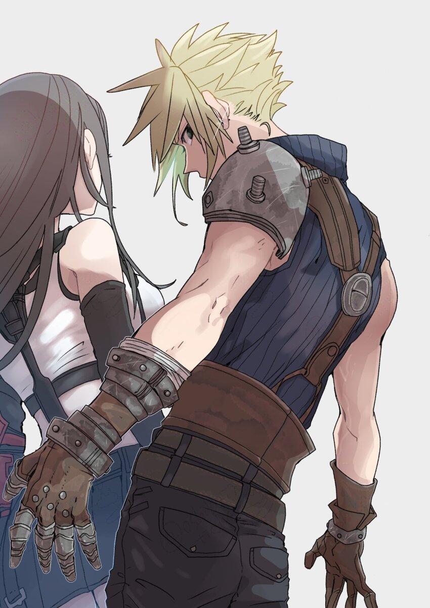 1boy 1girl armor bare_shoulders belt black_gloves black_hair black_sports_bra blonde_hair blue_eyes blue_sweater breasts brown_gloves brown_hair cloud_strife commentary cowboy_shot crop_top earrings elbow_gloves final_fantasy final_fantasy_vii final_fantasy_vii_rebirth final_fantasy_vii_remake from_behind glint gloves grey_background highres jewelry large_breasts long_hair looking_at_viewer looking_back miniskirt multiple_belts open_hands oshibainoticket profile short_hair shoulder_armor single_arm_guard skirt sleeveless sleeveless_turtleneck spiked_hair sports_bra stud_earrings suspender_skirt suspenders sweater tank_top tifa_lockhart turtleneck turtleneck_sweater white_tank_top