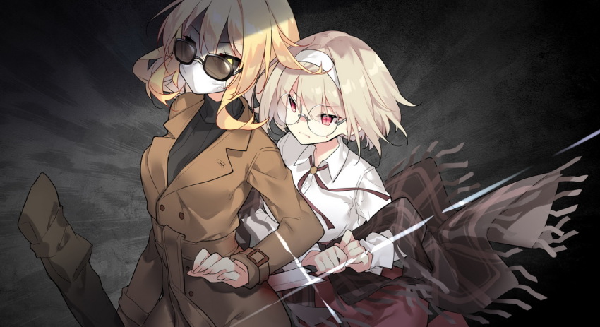 2girls backstab black-framed_eyewear black_sclera black_sweater blonde_hair brown_coat brown_skirt closed_mouth coat collared_shirt colored_sclera dress_shirt fingernails fringe_trim glasses glint hair_between_eyes hairband high-waist_skirt holding holding_knife knife light_brown_hair long_sleeves mask mouth_mask multiple_girls original plaid red_eyes ribbed_sweater round_eyewear saru shawl shirt short_hair skirt sunglasses surgical_mask sweat sweater turtleneck turtleneck_sweater v-shaped_eyebrows white_hairband white_shirt yellow_eyes