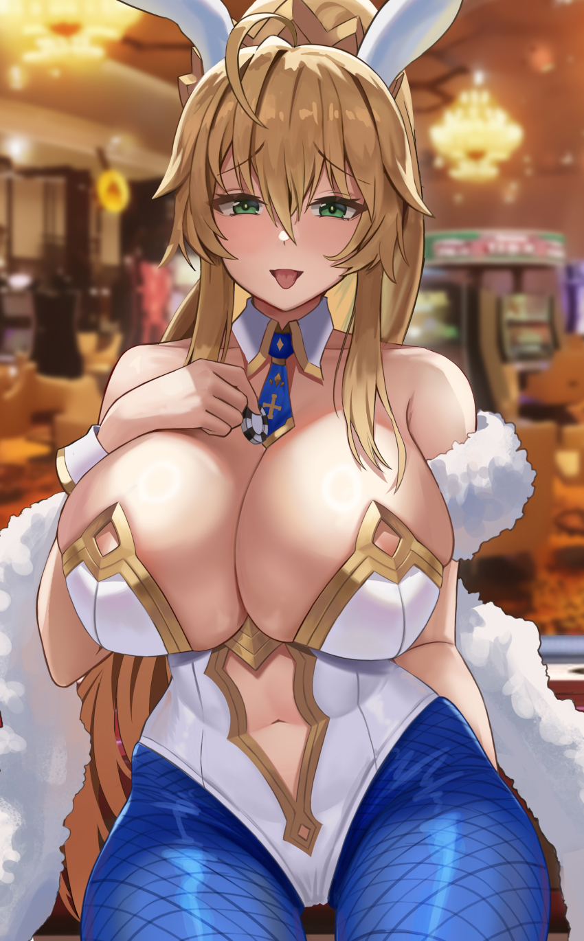 1girl absurdres ahoge animal_ears artoria_pendragon_(fate) artoria_pendragon_(swimsuit_ruler)_(fate) artoria_pendragon_(swimsuit_ruler)_(first_ascension)_(fate) bare_shoulders blonde_hair blue_pantyhose blush braid breasts casino cleavage clothing_cutout detached_collar fate/grand_order fate_(series) feather_boa french_braid green_eyes hair_between_eyes highleg highleg_leotard highres large_breasts leotard long_hair looking_at_viewer navel navel_cutout necktie onedoo open_mouth pantyhose playboy_bunny ponytail rabbit_ears sidelocks smile solo thighs tiara tongue tongue_out white_leotard wrist_cuffs