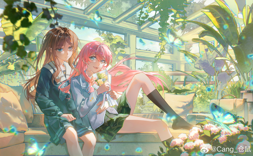 2girls absurdres bag bang_dream! bang_dream!_it&#039;s_mygo!!!!! black_socks blue_eyes blue_shirt blue_skirt brown_hair bug butterfly cang_(akaga204) chihaya_anon chinese_commentary closed_mouth commentary_request floating_hair green_skirt grey_jacket grey_neckerchief hair_between_eyes haneoka_school_uniform highres indoors insect jacket kneehighs long_hair multiple_girls nagasaki_soyo neckerchief no_shoes open_mouth pink_hair plaid_clothes plaid_skirt plant pleated_skirt school_uniform shirt sidelocks skirt socks teeth tsukinomori_school_uniform upper_teeth_only yuri