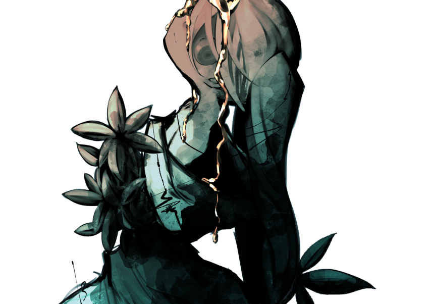 13_31n 1girl alternate_costume bare_shoulders bouquet closed_mouth dress dripping empty_eyes flower from_side gold grey_eyes hair_between_eyes hatsune_miku head_back head_tilt long_hair looking_at_viewer looking_to_the_side molten_metal off-shoulder_dress off_shoulder pouring_onto_another ringed_eyes signature simple_background solo upper_body vocaloid white_background
