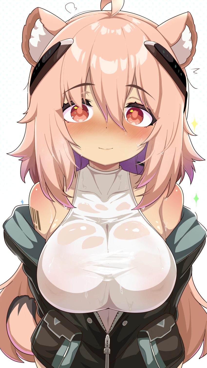 1girl absurdres ahoge animal_ear_fluff animal_ears arknights babalababa barcode barcode_tattoo bare_shoulders black_jacket blush bodysuit breasts bright_pupils closed_mouth commentary_request embarrassed gravel_(arknights) highres huge_breasts jacket looking_at_viewer medium_hair off_shoulder partially_open_jacket pink_hair red_eyes simple_background sleeveless smile solo sweat tail tattoo upper_body white_background white_bodysuit