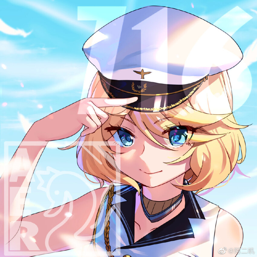 1girl aer_(tengqiu) bare_shoulders blonde_hair blue_eyes blue_sky chinese_commentary closed_mouth commentary_request hair_between_eyes hand_on_headwear hat looking_at_viewer peaked_cap shirt short_hair sky sleeveless sleeveless_shirt smile solo swept_bangs upper_body warship_girls_r watermark weibo_watermark white_shirt z16_friedrich_eckoldt_(warship_girls_r)