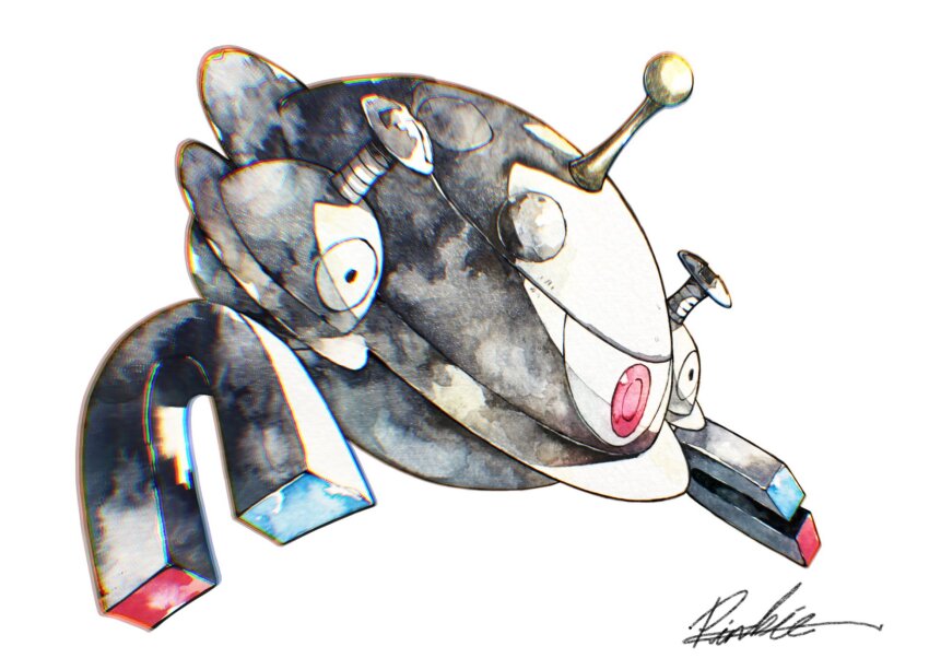 1other antennae full_body gen_4_pokemon magnet magnezone mhxbump nintendo no_humans object_through_head painting_(medium) pokemon red_eyes robot screw screw_in_head signature traditional_media watercolor_(medium) white_background