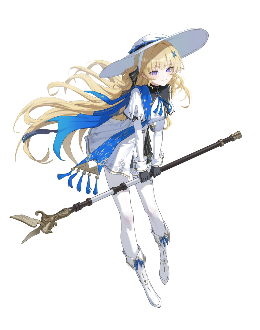 1girl absurdres black_bow black_collar black_gloves blonde_hair blue_gemstone blue_sash boots bow closed_mouth collar commentary full_body gem gloves hair_bow hair_ornament hat high-waist_skirt highres holding holding_staff leaning_forward light_blush long_hair long_sleeves looking_at_viewer pantyhose phoebe_(wuthering_waves) purple_eyes sash shirt simple_background skirt smile solo staff striped_bow sunj000 white_background white_boots white_hat white_pantyhose white_shirt white_skirt wuthering_waves x_hair_ornament