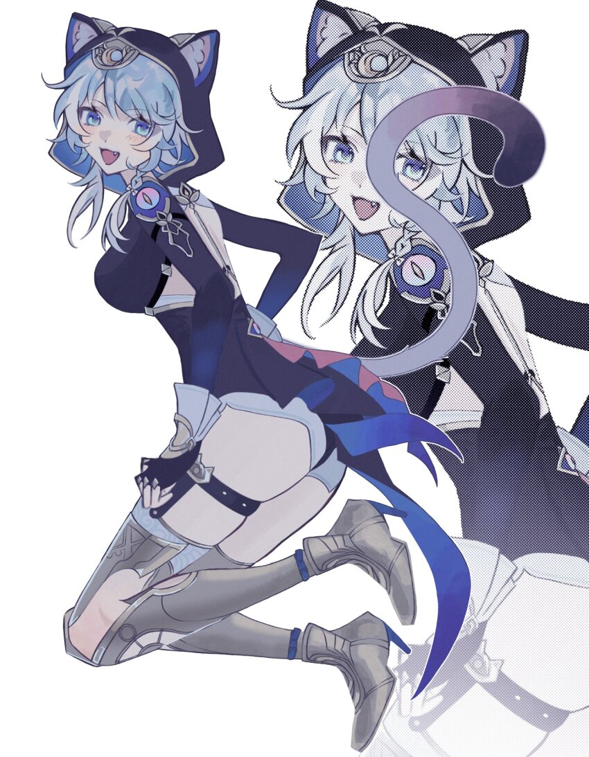 1girl animal_ear_fluff animal_ears black_gloves black_leotard boots breasts cat_ears cat_girl cat_tail cipher_(honkai:_star_rail) commentary_request fang fingerless_gloves from_side gloves gold_boots grey_hair highres honkai:_star_rail honkai_(series) hooded_leotard leotard medium_breasts open_mouth short_hair_with_long_locks simple_background solo tail thighs uvj9x2 white_background zoom_layer
