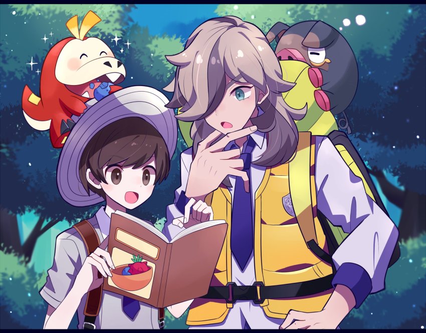 2boys arven_(pokemon) backpack bag berry berry_(pokemon) book commentary_request cookbook eating fighting_stance florian_(pokemon) fuecoco highres lechonk male_focus motiumai multicolored_hair multiple_boys necktie nintendo oran_berry outdoors pig pokemon pokemon_(creature) pokemon_sv purple_necktie reading school_uniform sleeping smile streaked_hair tree two-tone_hair