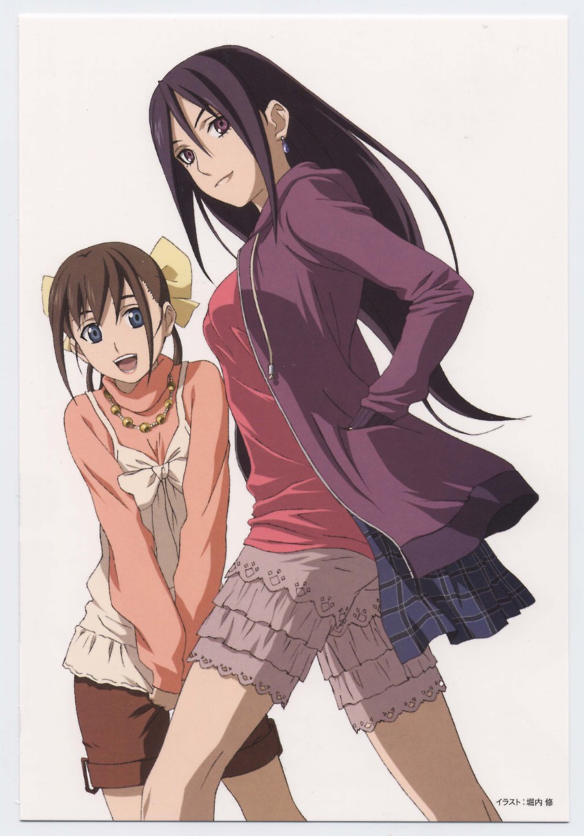 00s 2girls absurdres blue_eyes bow breasts brown_eyes brown_hair casual earrings ga-rei ga-rei_zero hair_ribbon hands_in_pockets highres horiuchi_osamu izumi_mami jacket jewelry jpeg_artifacts kasuga_natsuki long_hair multiple_girls necklace open_mouth purple_eyes purple_hair ribbon shorts twintails