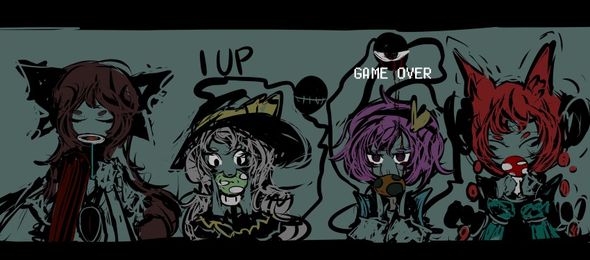 1-up_mushroom 1up 4girls animal_ears bad_id bad_pixiv_id blood bloody_tears braid brown_hair cat_ears cat_girl closed_eyes f7(eiki) female_focus gameplay_mechanics grey_hair heart highres kaenbyou_rin komeiji_koishi komeiji_satori letterboxed mario_(series) multiple_girls mushroom nintendo purple_eyes purple_hair red_hair reiuji_utsuho super_mario_bros._1 super_mushroom third_eye touhou twin_braids