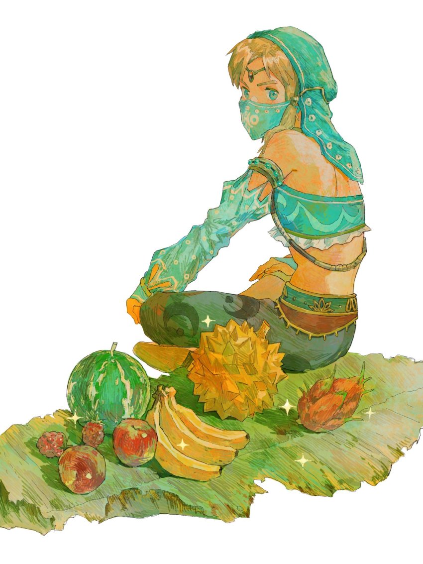 1boy apple arabian_clothes banana blonde_hair blue_eyes circlet crossdressing detached_sleeves dragon_fruit durian food fruit gerudo_set_(zelda) harem_pants highres jewelry leaf crossed_legs lingcod_dayu link looking_at_viewer male_focus melon mouth_veil nintendo official_alternate_costume pants sitting solo sparkle the_legend_of_zelda the_legend_of_zelda:_breath_of_the_wild veil