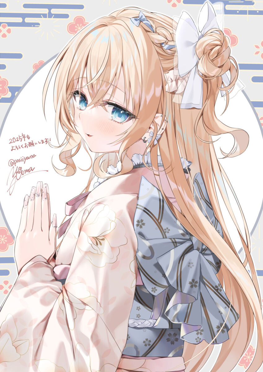1girl blonde_hair blue_eyes blue_ribbon commentary floral_print from_behind hair_ribbon happy_new_year highres japanese_clothes kimono long_hair long_sleeves looking_at_viewer looking_back nail_art new_year obi open_mouth original own_hands_together ribbon sash solo standing upper_body white_kimono white_ribbon wide_sleeves yana_mori