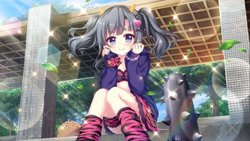 &gt;:) 1girl animal_print bead_bracelet beads beans bikini black_bow black_hair blue_eyes blue_hoodie blue_sky bow bracelet breasts bridge chain cleavage closed_mouth club club_(weapon) cone_horns day dot_nose film_grain frilled_thigh_strap game_cg gold_chain hair_bow hair_ornament hairclip hands_on_own_face hood hoodie horns itsumura_yukari izumi_tsubasu jewelry leaf lens_flare long_sleeves looking_at_viewer masu medium_hair non-circular_lens_flare non-web_source official_art oni_costume open_clothes open_hoodie outdoors pink_bikini pink_garter pink_skirt pink_socks re:stage! setsubun sitting skirt sky small_breasts smile socks solo sparkle spiked_club sunlight swimsuit thigh_strap tiger_print tree twintails under_bridge v-shaped_eyebrows weapon wind