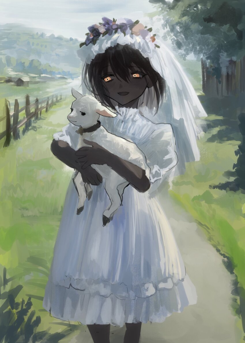 1girl akai_ringo_(eveyuno) animal black_hair dark_skin day dress fence flower_wreath head_wreath highres holding holding_animal lamb looking_to_the_side open_mouth orange_eyes original outdoors sheep short_hair short_sleeves smile solo tree veil very_dark_skin