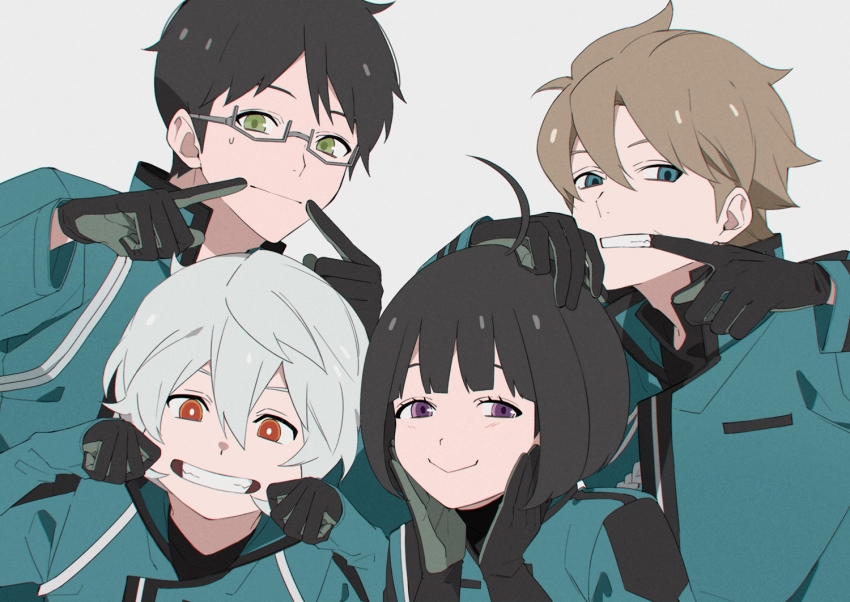 1girl 3boys ahoge amatori_chika black_gloves black_hair blue_eyes bob_cut brown_hair cheek_pinching cheek_poking cheek_squash clenched_teeth closed_mouth finger_in_own_mouth finger_to_mouth glasses gloves green_eyes grey_background grey_hair grin hair_between_eyes hand_on_another&#039;s_head hands_up hyuse kuga_yuuma long_sleeves looking_at_viewer mikumo_osamu mouth_pull multiple_boys pinching pointing pointing_at_self poking portrait purple_eyes semi-rimless_eyewear simple_background smile spoilers sweatdrop taking_picture teeth under-rim_eyewear uniform upper_body white_hair world_trigger yawai_tofu