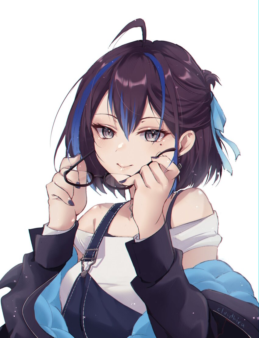 1girl absurdres black_jacket black_nails blue_streaks blue_suspenders closed_mouth cloudkira15 grey_eyes highres indie_virtual_youtuber jacket looking_at_viewer mole mole_under_eye quilted_jacket removing_eyewear shirt simple_background smile solo two-sided_fabric two-sided_jacket virtual_youtuber white_background white_shirt yubari_rei