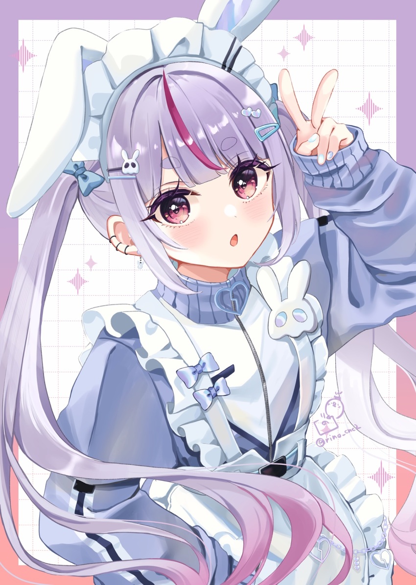 1girl :o animal_ears apron belt blue_belt blue_nails border checkered_background diamond_(shape) dress ear_piercing fake_animal_ears flat_chest gradient_border hair_ornament hairclip hand_on_own_hip hand_up heart heart_hair_ornament highres jersey_maid looking_at_viewer maid maid_headdress multicolored_hair open_mouth piercing pink_eyes pink_hair pink_streaks purple_dress purple_hair rabbit_ears rabbit_hair_ornament rino_cnc short_eyebrows signature skull_hair_ornament sleeves_past_wrists solo straight_hair streaked_hair tosaki_mimi tosaki_mimi_(4th_costume) twintails twitter_username unconventional_maid upper_body v virtual_youtuber vspo! white_apron white_background white_headdress